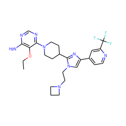 CCOc1c(N)ncnc1N1CCC(c2nc(-c3ccnc(C(F)(F)F)c3)cn2CCN2CCC2)CC1 ZINC000218697994