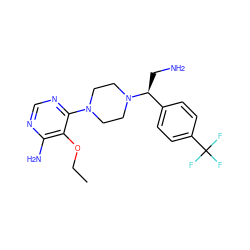 CCOc1c(N)ncnc1N1CCN([C@@H](CN)c2ccc(C(F)(F)F)cc2)CC1 ZINC000206939432