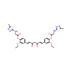 CCOc1cc(/C=C/C(=O)CC(=O)/C=C/c2ccc(OC(=O)CNc3nnc(C)s3)c(OCC)c2)ccc1OC(=O)CNc1nnc(C)s1 ZINC000150609114