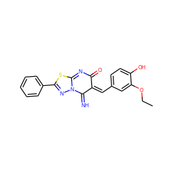 CCOc1cc(/C=C2/C(=N)N3N=C(c4ccccc4)SC3=NC2=O)ccc1O ZINC000013522348