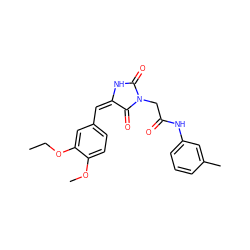 CCOc1cc(/C=C2/NC(=O)N(CC(=O)Nc3cccc(C)c3)C2=O)ccc1OC ZINC000013120157