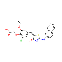 CCOc1cc(/C=C2/SC(Nc3ccc4ccccc4c3)=NC2=O)cc(Cl)c1OCC(=O)O ZINC000033293499