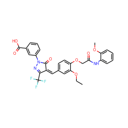 CCOc1cc(/C=C2\C(=O)N(c3cccc(C(=O)O)c3)N=C2C(F)(F)F)ccc1OCC(=O)Nc1ccccc1OC ZINC000002159895