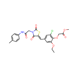 CCOc1cc(/C=C2\SC(=O)N(CC(=O)Nc3ccc(C)cc3)C2=O)cc(Cl)c1OCC(=O)OC ZINC000008400540