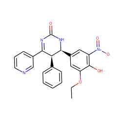 CCOc1cc([C@@H]2NC(=O)N=C(c3cccnc3)[C@@H]2c2ccccc2)cc([N+](=O)[O-])c1O ZINC000169702718