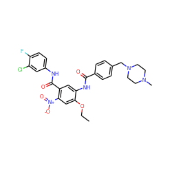 CCOc1cc([N+](=O)[O-])c(C(=O)Nc2ccc(F)c(Cl)c2)cc1NC(=O)c1ccc(CN2CCN(C)CC2)cc1 ZINC000096928313