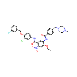 CCOc1cc([N+](=O)[O-])c(C(=O)Nc2ccc(OCc3cccc(F)c3)c(Cl)c2)cc1NC(=O)c1ccc(CN2CCN(C)CC2)cc1 ZINC000096928309