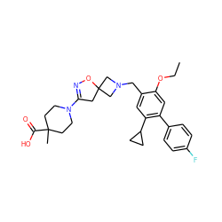 CCOc1cc(-c2ccc(F)cc2)c(C2CC2)cc1CN1CC2(CC(N3CCC(C)(C(=O)O)CC3)=NO2)C1 ZINC000218355890