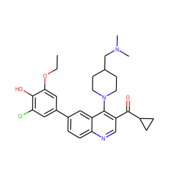 CCOc1cc(-c2ccc3ncc(C(=O)C4CC4)c(N4CCC(CN(C)C)CC4)c3c2)cc(Cl)c1O ZINC000114039046