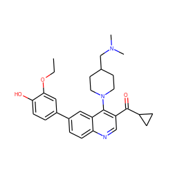 CCOc1cc(-c2ccc3ncc(C(=O)C4CC4)c(N4CCC(CN(C)C)CC4)c3c2)ccc1O ZINC000114034668