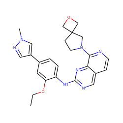 CCOc1cc(-c2cnn(C)c2)ccc1Nc1ncc2ccnc(N3CCC4(COC4)C3)c2n1 ZINC000207633735