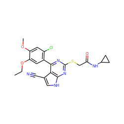 CCOc1cc(-c2nc(SCC(=O)NC3CC3)nc3[nH]cc(C#N)c23)c(Cl)cc1OC ZINC000059111782