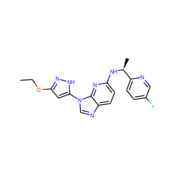 CCOc1cc(-n2cnc3ccc(N[C@@H](C)c4ccc(F)cn4)nc32)[nH]n1 ZINC000043200604