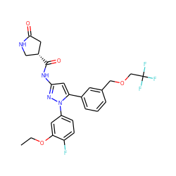 CCOc1cc(-n2nc(NC(=O)[C@@H]3CNC(=O)C3)cc2-c2cccc(COCC(F)(F)F)c2)ccc1F ZINC000169707334