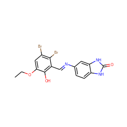 CCOc1cc(Br)c(Br)c(/C=N/c2ccc3[nH]c(=O)[nH]c3c2)c1O ZINC000000868331