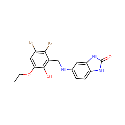 CCOc1cc(Br)c(Br)c(CNc2ccc3[nH]c(=O)[nH]c3c2)c1O ZINC000299822486