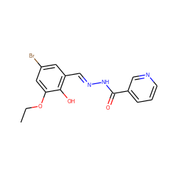 CCOc1cc(Br)cc(/C=N/NC(=O)c2cccnc2)c1O ZINC000000793808