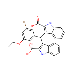 CCOc1cc(Br)cc(C(c2c(C(=O)O)[nH]c3ccccc23)c2c(C(=O)O)[nH]c3ccccc23)c1O ZINC000038148339