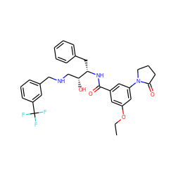 CCOc1cc(C(=O)N[C@@H](Cc2ccccc2)[C@H](O)CNCc2cccc(C(F)(F)F)c2)cc(N2CCCC2=O)c1 ZINC000029039581