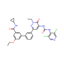 CCOc1cc(C(=O)NC2CC2)cc(-c2cccc(-c3cc(NC(=O)Nc4c(Cl)cncc4Cl)c(=O)n(CC)n3)c2)c1 ZINC000143099261