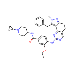 CCOc1cc(C(=O)NC2CCN(C3CC3)CC2)ccc1Nc1ncc2c(n1)-c1c(nn(C)c1Cc1ccccc1)CC2 ZINC000169702429