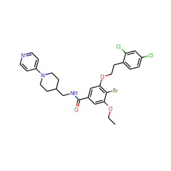 CCOc1cc(C(=O)NCC2CCN(c3ccncc3)CC2)cc(OCCc2ccc(Cl)cc2Cl)c1Br ZINC000014953531