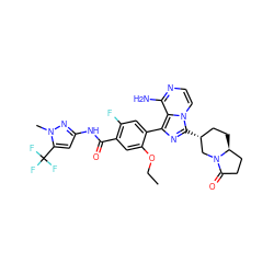 CCOc1cc(C(=O)Nc2cc(C(F)(F)F)n(C)n2)c(F)cc1-c1nc([C@@H]2CC[C@H]3CCC(=O)N3C2)n2ccnc(N)c12 ZINC000145597240