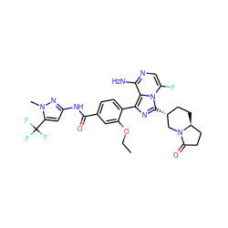 CCOc1cc(C(=O)Nc2cc(C(F)(F)F)n(C)n2)ccc1-c1nc([C@@H]2CC[C@H]3CCC(=O)N3C2)n2c(F)cnc(N)c12 ZINC000145547930