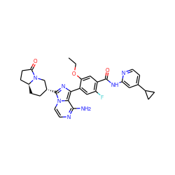 CCOc1cc(C(=O)Nc2cc(C3CC3)ccn2)c(F)cc1-c1nc([C@@H]2CC[C@H]3CCC(=O)N3C2)n2ccnc(N)c12 ZINC000145354459