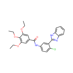 CCOc1cc(C(=O)Nc2ccc(Cl)c(-c3nc4ccccc4[nH]3)c2)cc(OCC)c1OCC ZINC000001212495