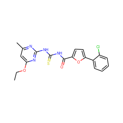 CCOc1cc(C)nc(NC(=S)NC(=O)c2ccc(-c3ccccc3Cl)o2)n1 ZINC000028563497