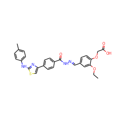 CCOc1cc(C=NNC(=O)c2ccc(-c3csc(Nc4ccc(C)cc4)n3)cc2)ccc1OCC(=O)O ZINC000253983053