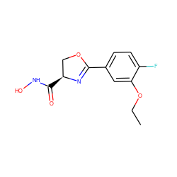 CCOc1cc(C2=N[C@@H](C(=O)NO)CO2)ccc1F ZINC000013474910