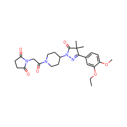 CCOc1cc(C2=NN(C3CCN(C(=O)CN4C(=O)CCC4=O)CC3)C(=O)C2(C)C)ccc1OC ZINC000113291188