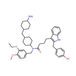 CCOc1cc(CN(C(=O)CCCc2c(Cc3ccc(O)cc3)[nH]c3ccccc23)C2CCC(CC3CCC(N)CC3)CC2)ccc1OC ZINC000028825982