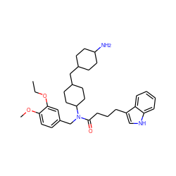 CCOc1cc(CN(C(=O)CCCc2c[nH]c3ccccc23)C2CCC(CC3CCC(N)CC3)CC2)ccc1OC ZINC000028825981