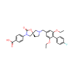 CCOc1cc(CN2CC[C@@]3(C2)CN(c2ccc(C(=O)O)cc2)C(=O)O3)cc(OCC)c1-c1ccc(F)cc1 ZINC000114357176