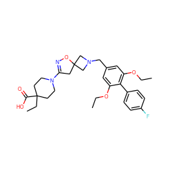 CCOc1cc(CN2CC3(CC(N4CCC(CC)(C(=O)O)CC4)=NO3)C2)cc(OCC)c1-c1ccc(F)cc1 ZINC000218168884