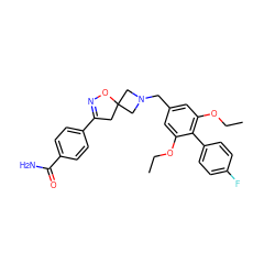 CCOc1cc(CN2CC3(CC(c4ccc(C(N)=O)cc4)=NO3)C2)cc(OCC)c1-c1ccc(F)cc1 ZINC001772642772