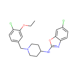 CCOc1cc(CN2CCC(Nc3nc4ccc(Cl)cc4o3)CC2)ccc1Cl ZINC000049033351