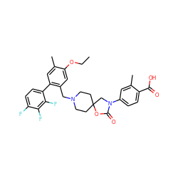 CCOc1cc(CN2CCC3(CC2)CN(c2ccc(C(=O)O)c(C)c2)C(=O)O3)c(-c2ccc(F)c(F)c2F)cc1C ZINC000169702644