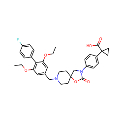 CCOc1cc(CN2CCC3(CC2)CN(c2ccc(C4(C(=O)O)CC4)cc2)C(=O)O3)cc(OCC)c1-c1ccc(F)cc1 ZINC000144600289