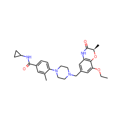 CCOc1cc(CN2CCN(c3ccc(C(=O)NC4CC4)cc3C)CC2)cc2c1O[C@H](C)C(=O)N2 ZINC000096274095