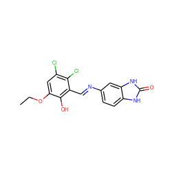 CCOc1cc(Cl)c(Cl)c(/C=N/c2ccc3[nH]c(=O)[nH]c3c2)c1O ZINC000299823314