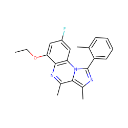 CCOc1cc(F)cc2c1nc(C)c1c(C)nc(-c3ccccc3C)n12 ZINC000073169341