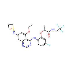 CCOc1cc(N=S2(=O)CCC2)cc2ncnc(Nc3ccc(F)cc3O[C@H](C)C(=O)NCC(F)(F)F)c12 ZINC001772621365