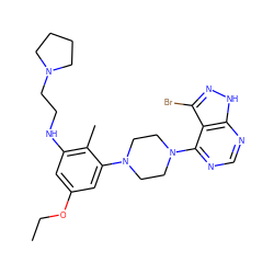 CCOc1cc(NCCN2CCCC2)c(C)c(N2CCN(c3ncnc4[nH]nc(Br)c34)CC2)c1 ZINC000084632479