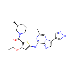 CCOc1cc(Nc2nc(C)cn3c(-c4cn[nH]c4)cnc23)sc1C(=O)N1CCC[C@H](C)C1 ZINC000072123591