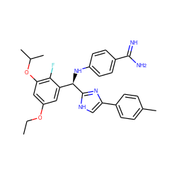 CCOc1cc(OC(C)C)c(F)c([C@@H](Nc2ccc(C(=N)N)cc2)c2nc(-c3ccc(C)cc3)c[nH]2)c1 ZINC000142255020