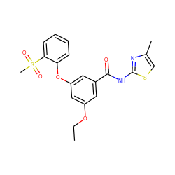 CCOc1cc(Oc2ccccc2S(C)(=O)=O)cc(C(=O)Nc2nc(C)cs2)c1 ZINC000040913388